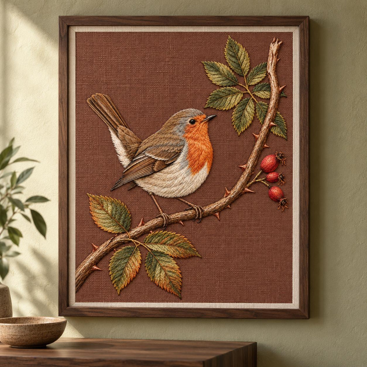 Robin at the Split Rose Cane visual mockup shown as a framed textile in a gallery niche, with the design on muted russet linen.
