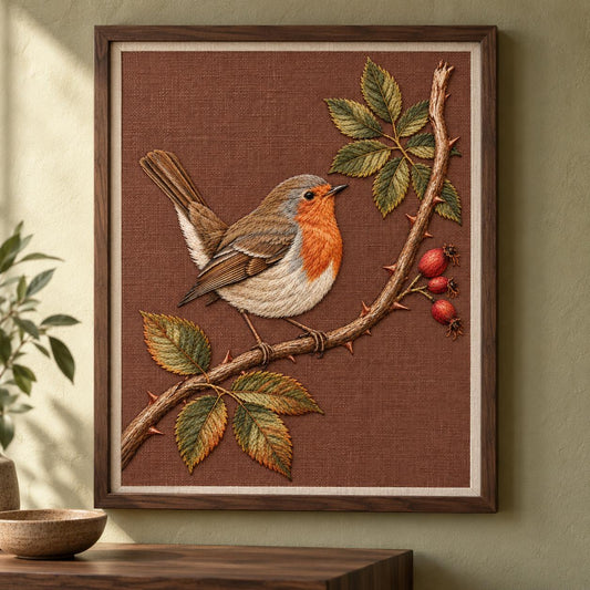 Robin at the Split Rose Cane visual mockup shown as a framed textile in a gallery niche, with the design on muted russet linen.