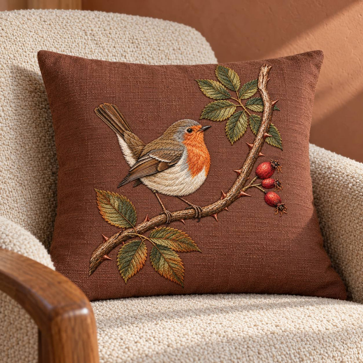 Robin at the Split Rose Cane visual mockup shown on a cushion in a lounge chair, with the design on muted russet linen.