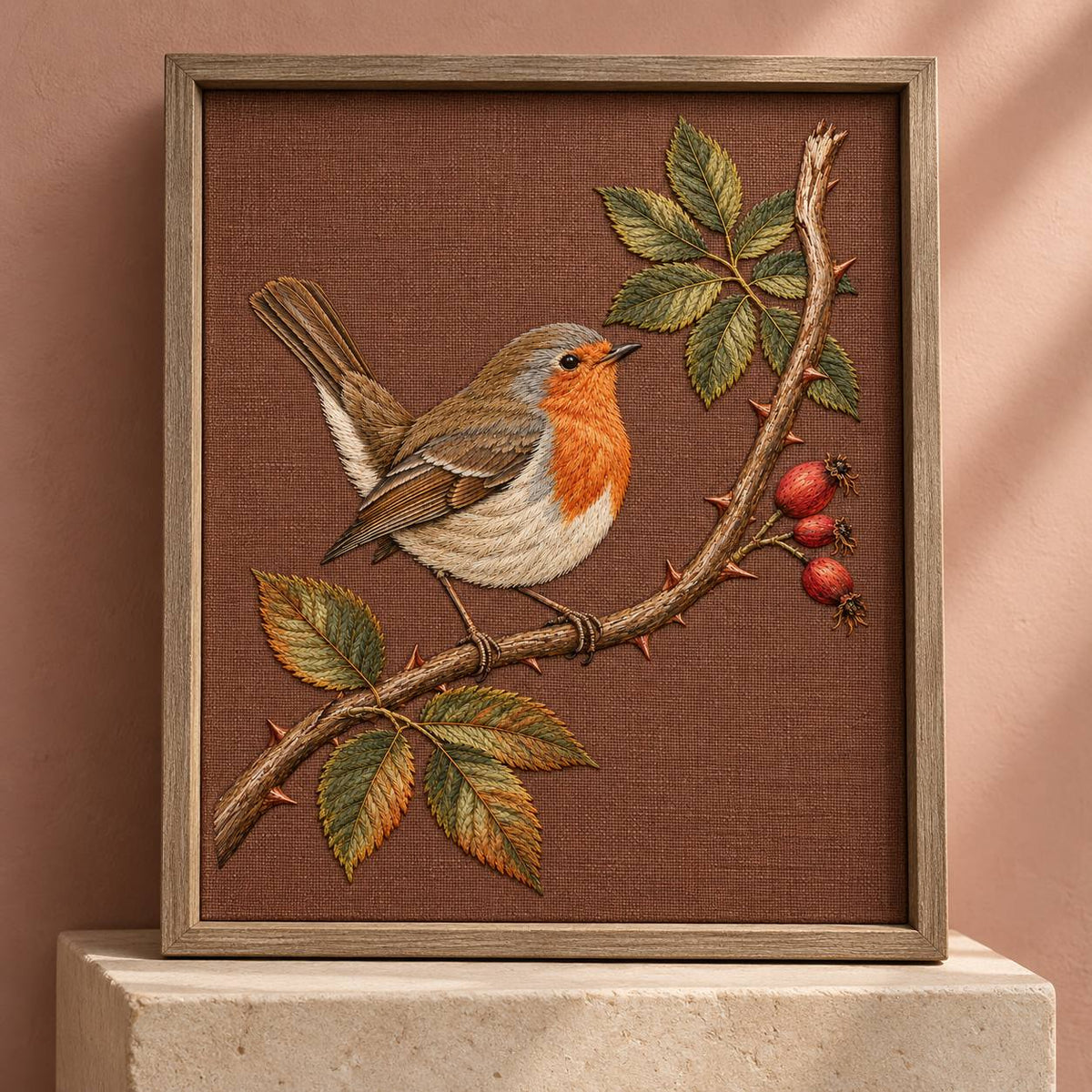 Robin at the Split Rose Cane visual mockup shown in a frame leaning on a mantel, with the design on muted russet linen.