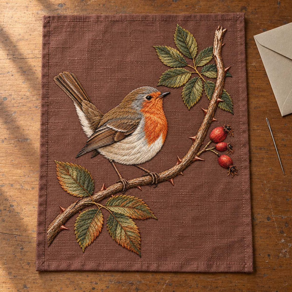Robin at the Split Rose Cane visual mockup shown as a textile panel on a stone platform, with the design on muted russet linen.