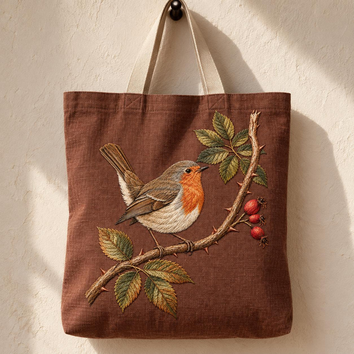 Robin at the Split Rose Cane visual mockup shown on the front of a structured linen tote, with the design on muted russet linen.