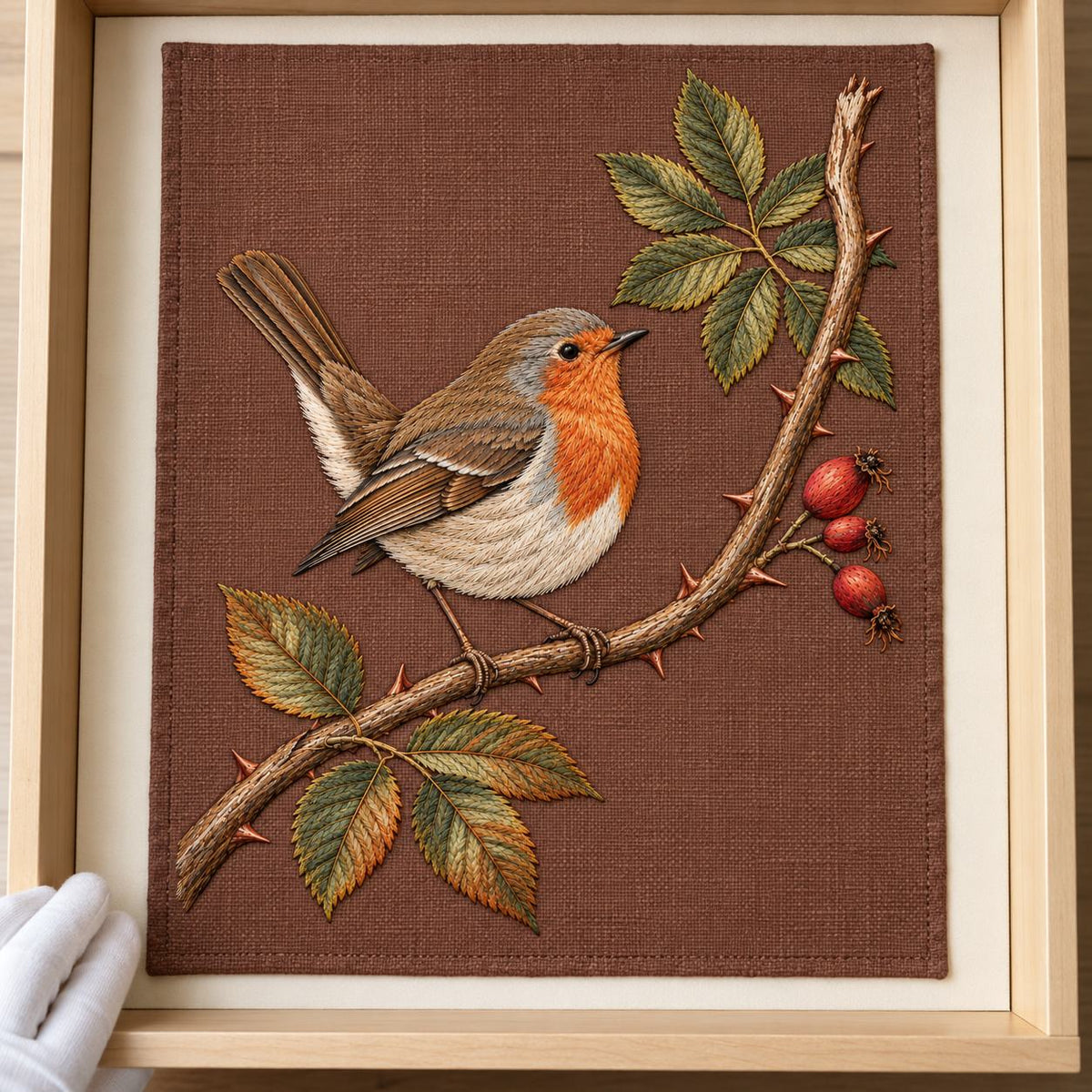Robin at the Split Rose Cane visual mockup shown as a textile panel in a collection tray, with the design on muted russet linen.