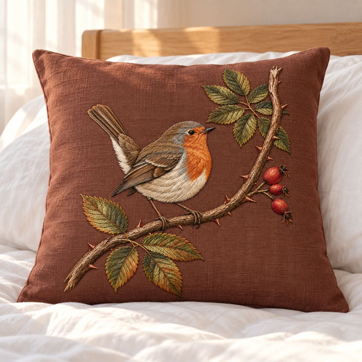 Robin at the Split Rose Cane visual mockup shown on a cushion beside a window, with the design on muted russet linen.