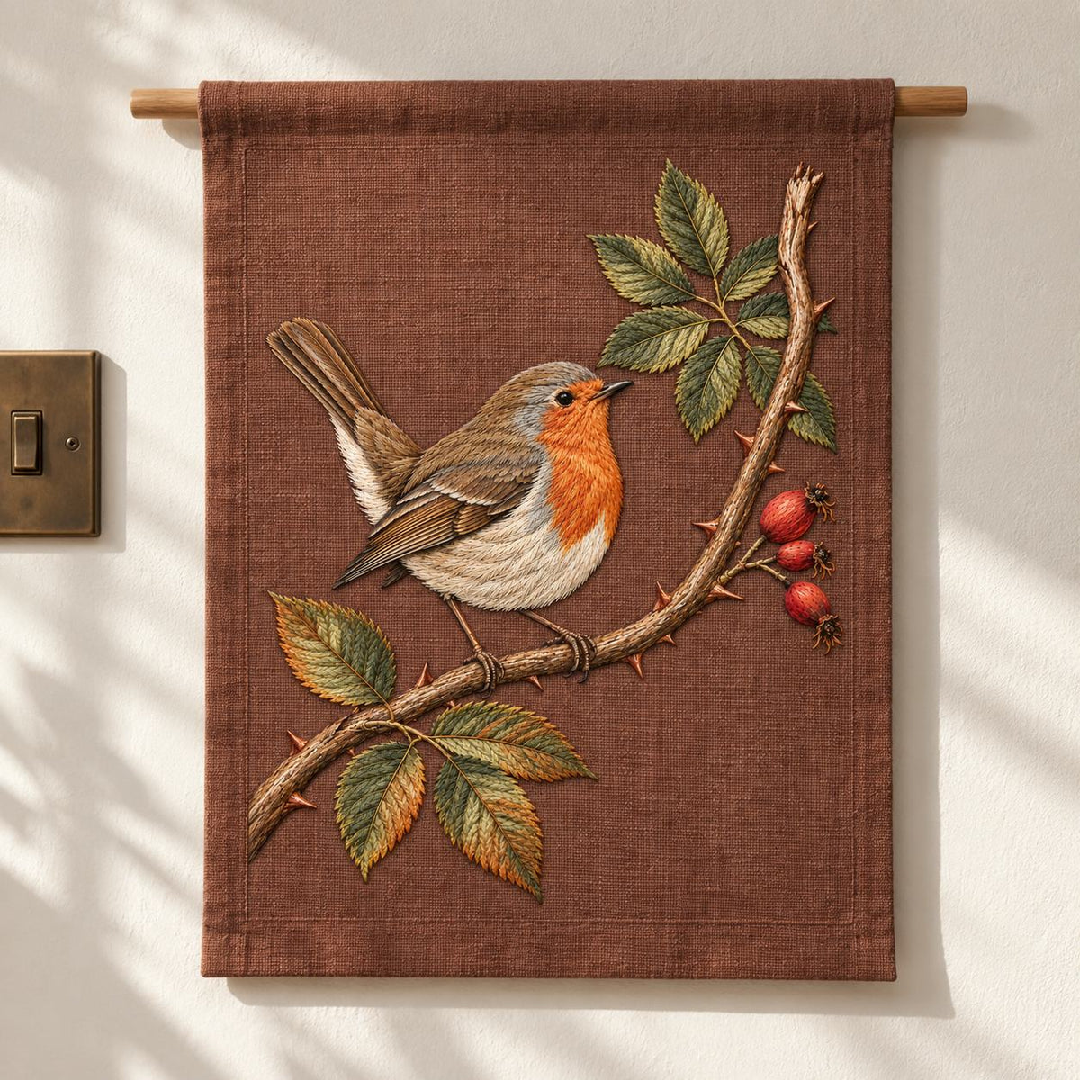 Robin at the Split Rose Cane visual mockup shown as a hanging textile held by wooden rails, with the design on muted russet linen.