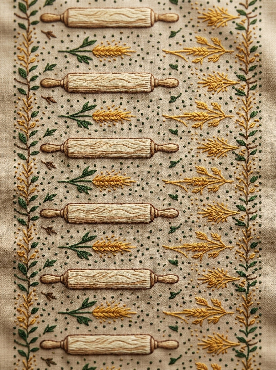 Rolling Pin And Flour Dot from Kitchen Towels & Aprons Embroidery Book 4, a digital embroidery design reference for machine embroidery designs, embroidery patterns and linen and home textile projects.
