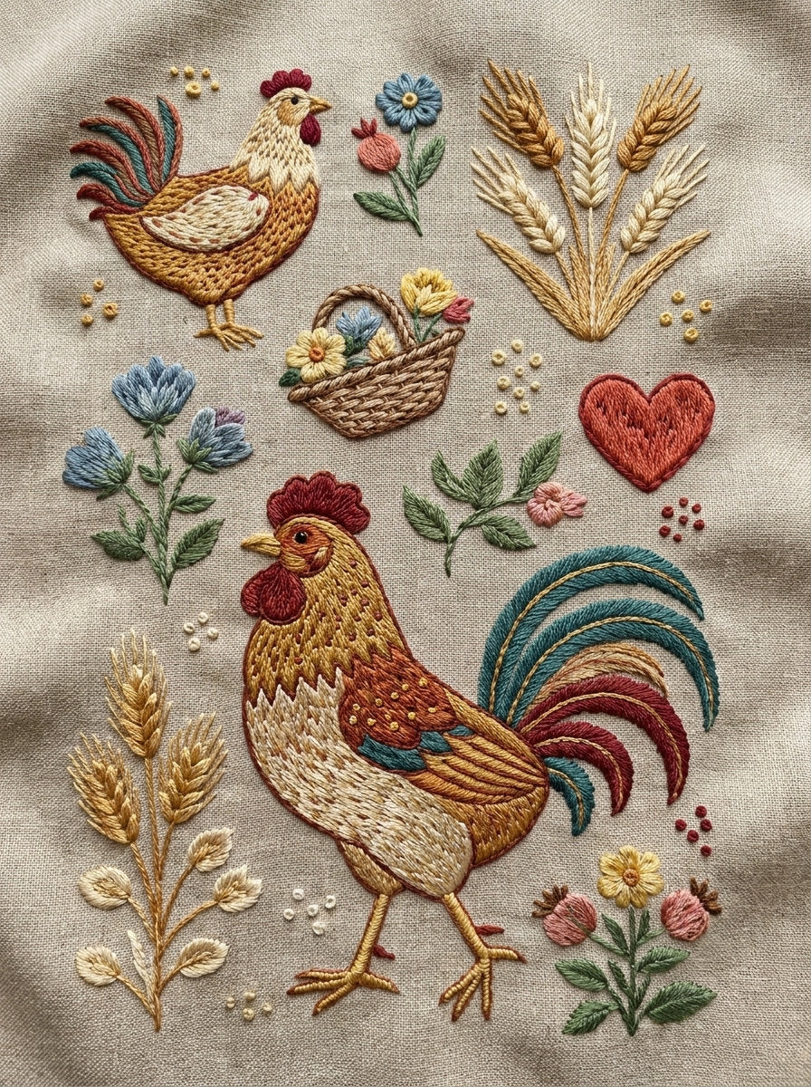 Rooster Farmhouse Kitchen Library Plate 02 from Kitchen Towels & Aprons Embroidery Book 2, a digital embroidery design reference for machine embroidery designs, embroidery patterns and linen and home textile projects.