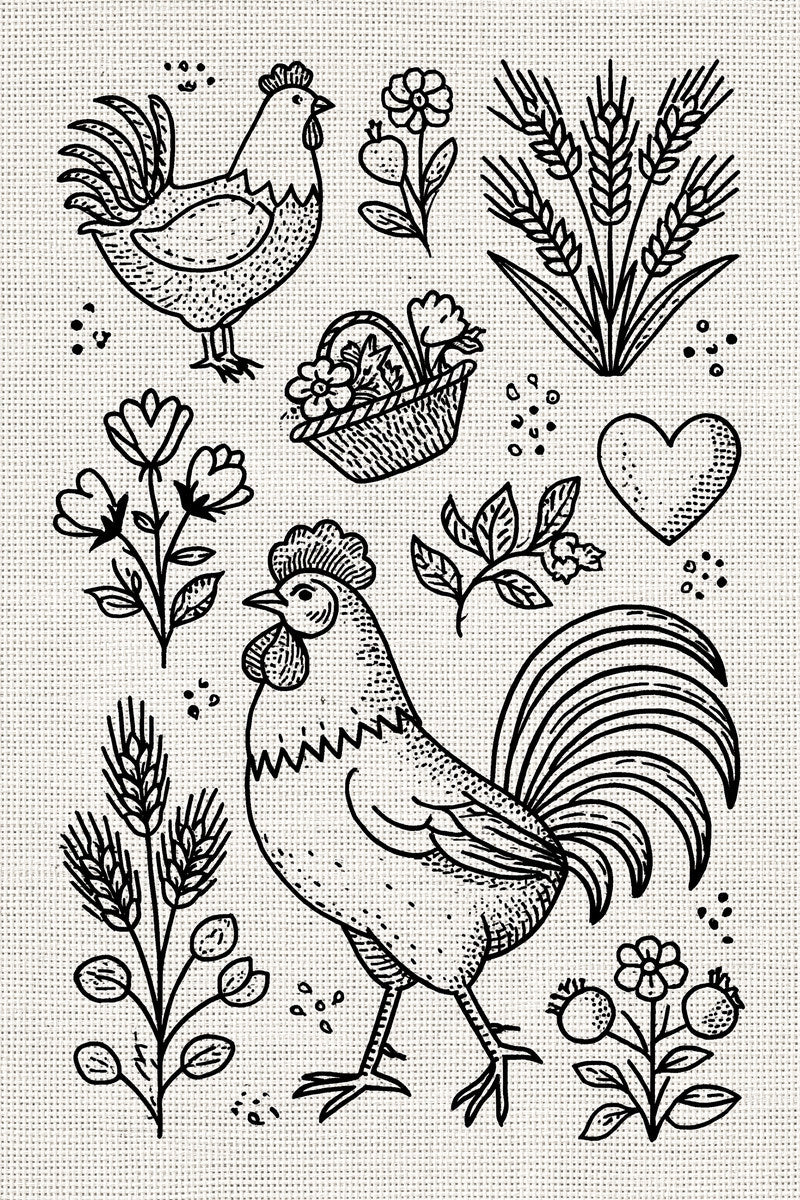 Rooster Farmhouse Kitchen Library Plate from Kitchen Towels & Aprons Embroidery Book 2, a digital embroidery design reference for machine embroidery designs, embroidery patterns and linen and home textile projects.