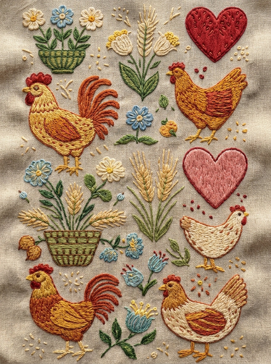 Rooster Farmhouse Kitchen Library Plate from Kitchen Towels & Aprons Embroidery Book 1, a digital embroidery design reference for machine embroidery designs, embroidery patterns and linen and home textile projects.