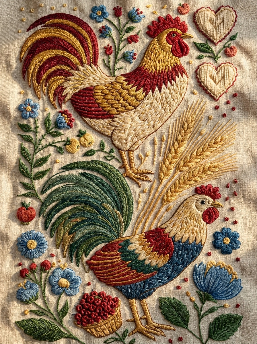 Rooster Farmhouse Kitchen Library Plate from Kitchen Towels & Aprons Embroidery Book 2, a digital embroidery design reference for machine embroidery designs, embroidery patterns and linen and home textile projects.