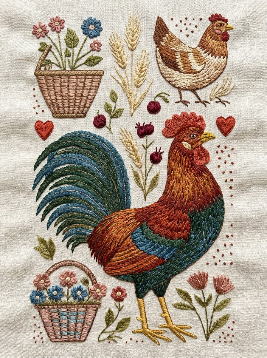 Rooster Farmhouse Kitchen Library Plate from Kitchen Towels & Aprons Embroidery Book 3, a digital embroidery design reference for machine embroidery designs, embroidery patterns and linen and home textile projects.
