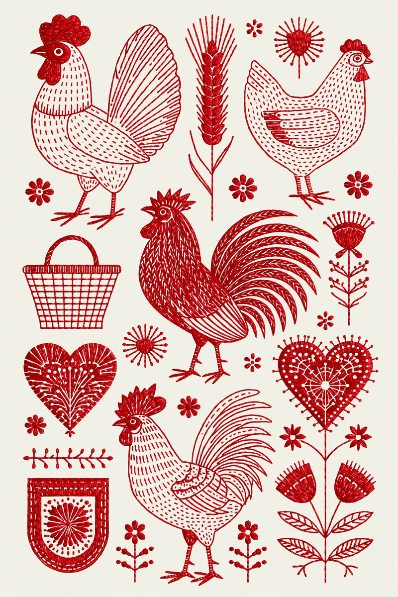 Roosters Farmhouse And Folk Kitchen 02 from Kitchen Towels & Aprons Embroidery Book 4, a digital embroidery design reference for machine embroidery designs, embroidery patterns and linen and home textile projects.