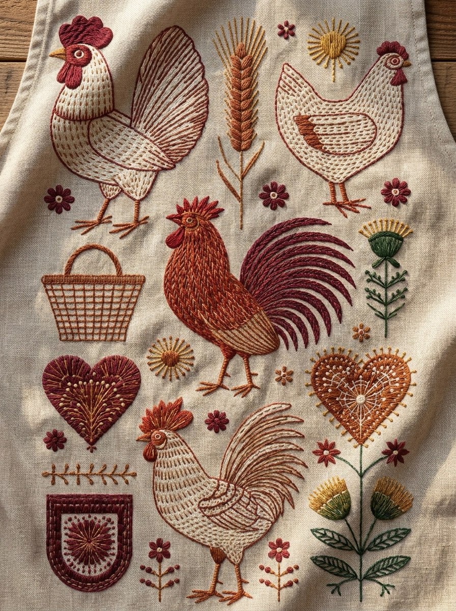 Roosters Farmhouse And Folk Kitchen 02 from Kitchen Towels & Aprons Embroidery Book 4, a digital embroidery design reference for machine embroidery designs, embroidery patterns and linen and home textile projects.