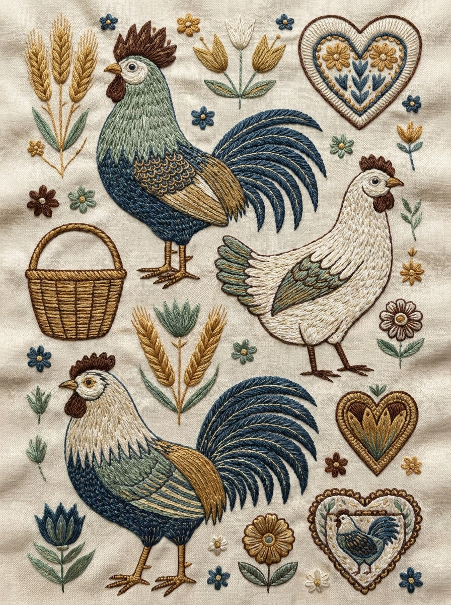 Roosters Farmhouse And Folk Kitchen from Kitchen Towels & Aprons Embroidery Book 4, a digital embroidery design reference for machine embroidery designs, embroidery patterns and linen and home textile projects.