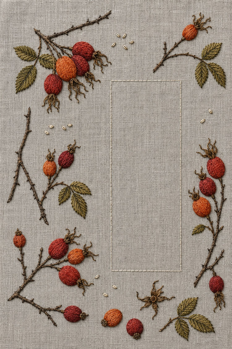 Illustrative embroidery design: Rosehip branch fragments sit around a tall rectangle of clear linen.