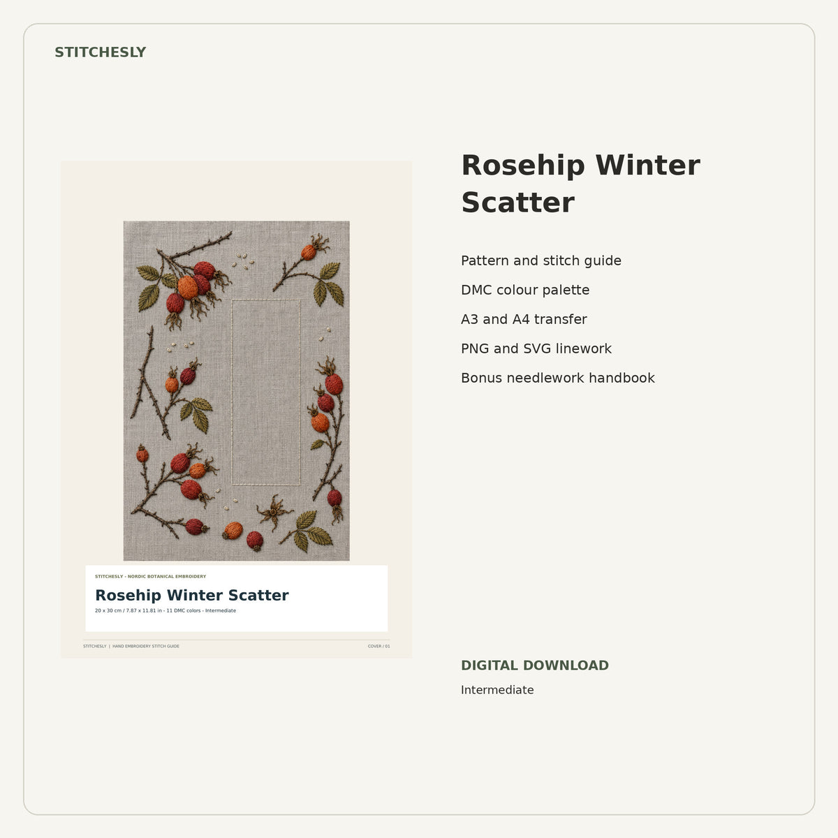 Rosehip Winter Scatter PDF stitch guide cover, pattern files and bonus needlework handbook.