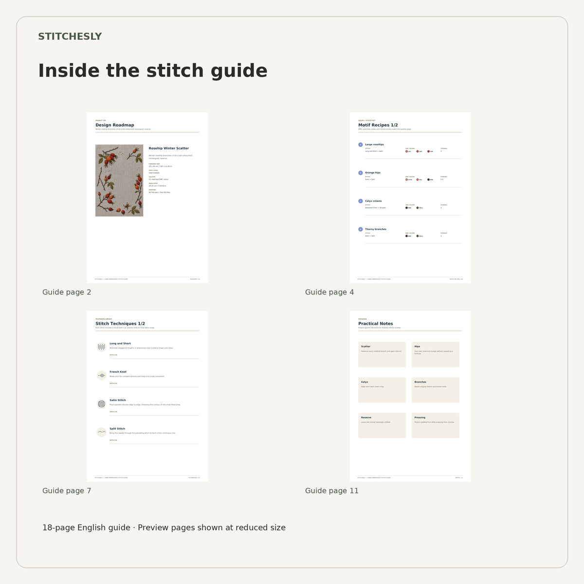 Four reduced-size preview pages from the 18-page Rosehip Winter Scatter stitch guide.