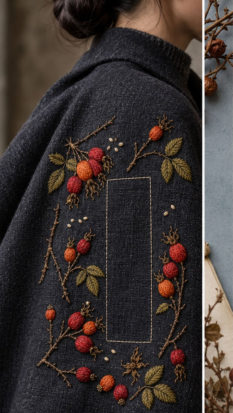 Dark linen jacket mockup featuring the Rosehip Winter Scatter hand embroidery design. Rosehip branch fragments sit around a tall rectangle of clear linen.