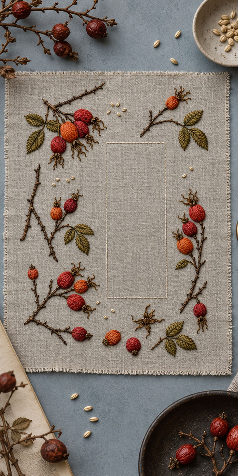 Floral textile flat lay mockup featuring the Rosehip Winter Scatter hand embroidery design. Rosehip branch fragments sit around a tall rectangle of clear linen.