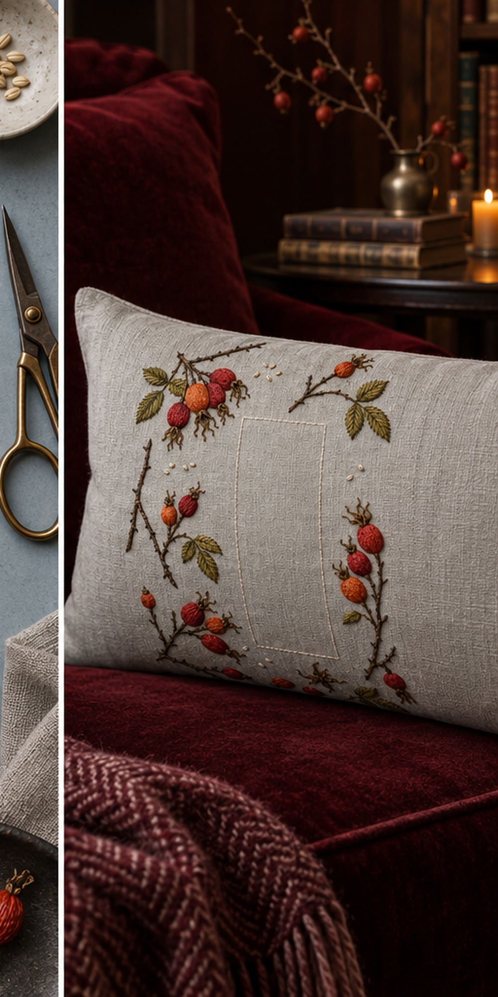 Long linen cushion mockup featuring the Rosehip Winter Scatter hand embroidery design. Rosehip branch fragments sit around a tall rectangle of clear linen.