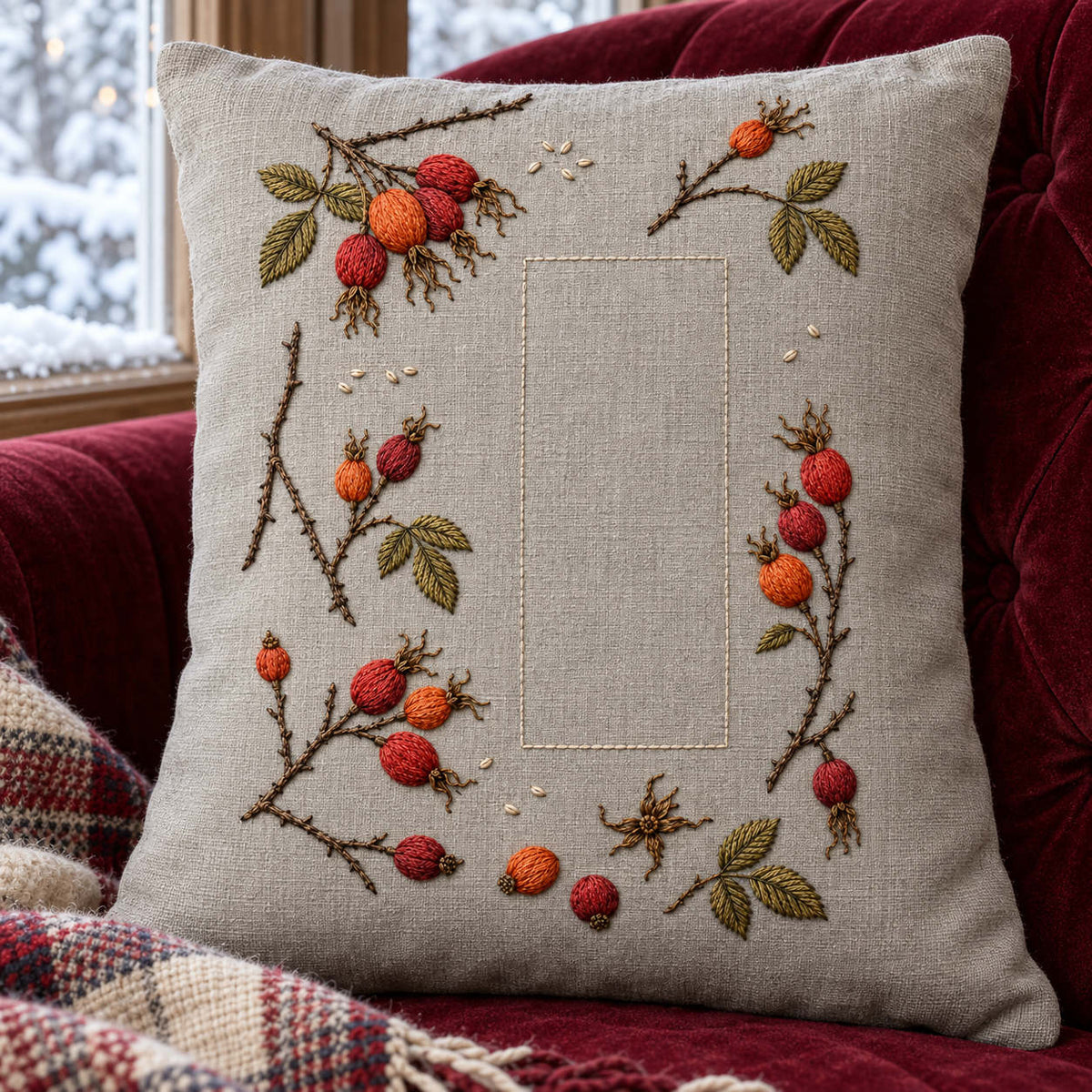 Linen cushion mockup featuring the Rosehip Winter Scatter hand embroidery design. Rosehip branch fragments sit around a tall rectangle of clear linen.