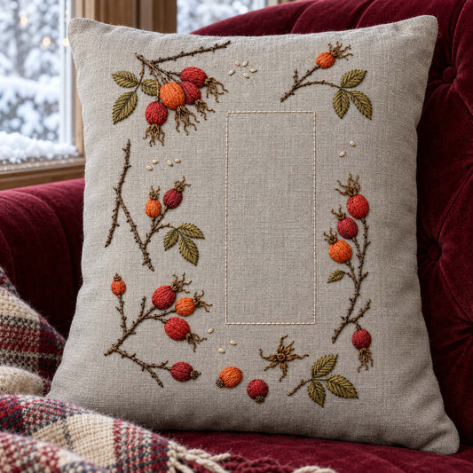 Linen cushion mockup featuring the Rosehip Winter Scatter hand embroidery design. Rosehip branch fragments sit around a tall rectangle of clear linen.