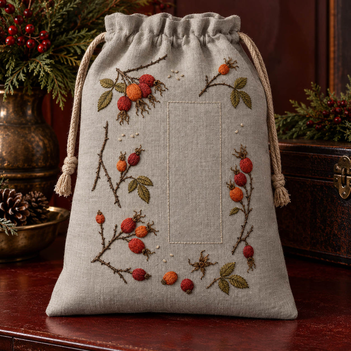 Linen drawstring bag mockup featuring the Rosehip Winter Scatter hand embroidery design. Rosehip branch fragments sit around a tall rectangle of clear linen.
