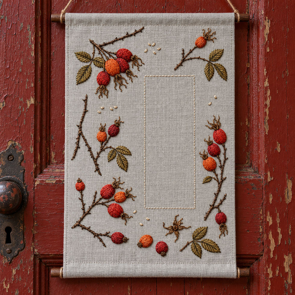 Framed floral textile mockup featuring the Rosehip Winter Scatter hand embroidery design. Rosehip branch fragments sit around a tall rectangle of clear linen.
