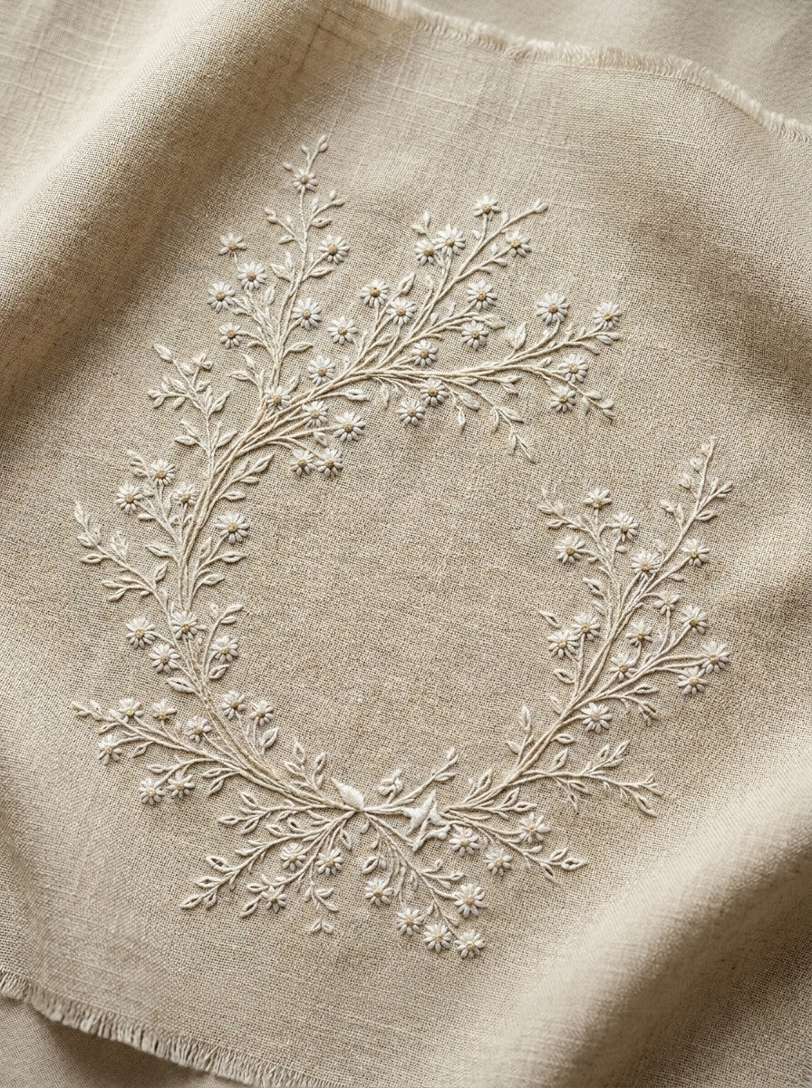 Round French Monogram Wreath French from French Embroidery & La Broderie Blanche Book 4, a digital embroidery design reference for machine embroidery designs, embroidery patterns and frames and monogram spaces.