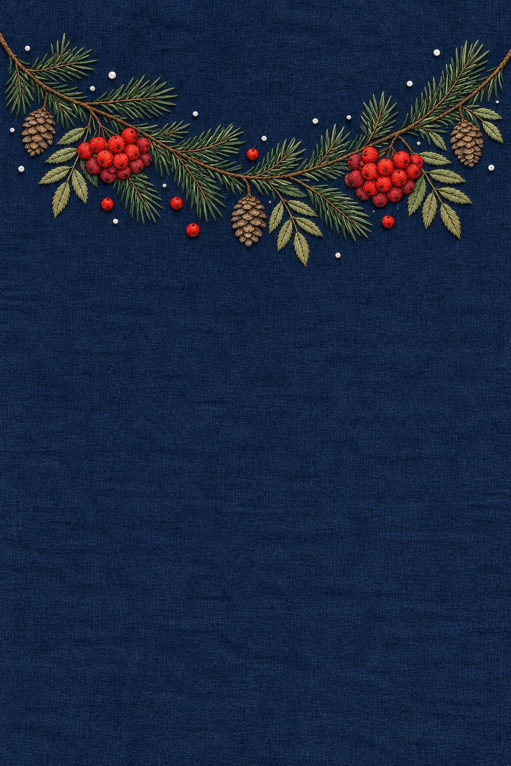 Illustrative embroidery design: Pine needles, rowan berries and cones follow a shallow upper curve with sparse snow-like dots nearby.