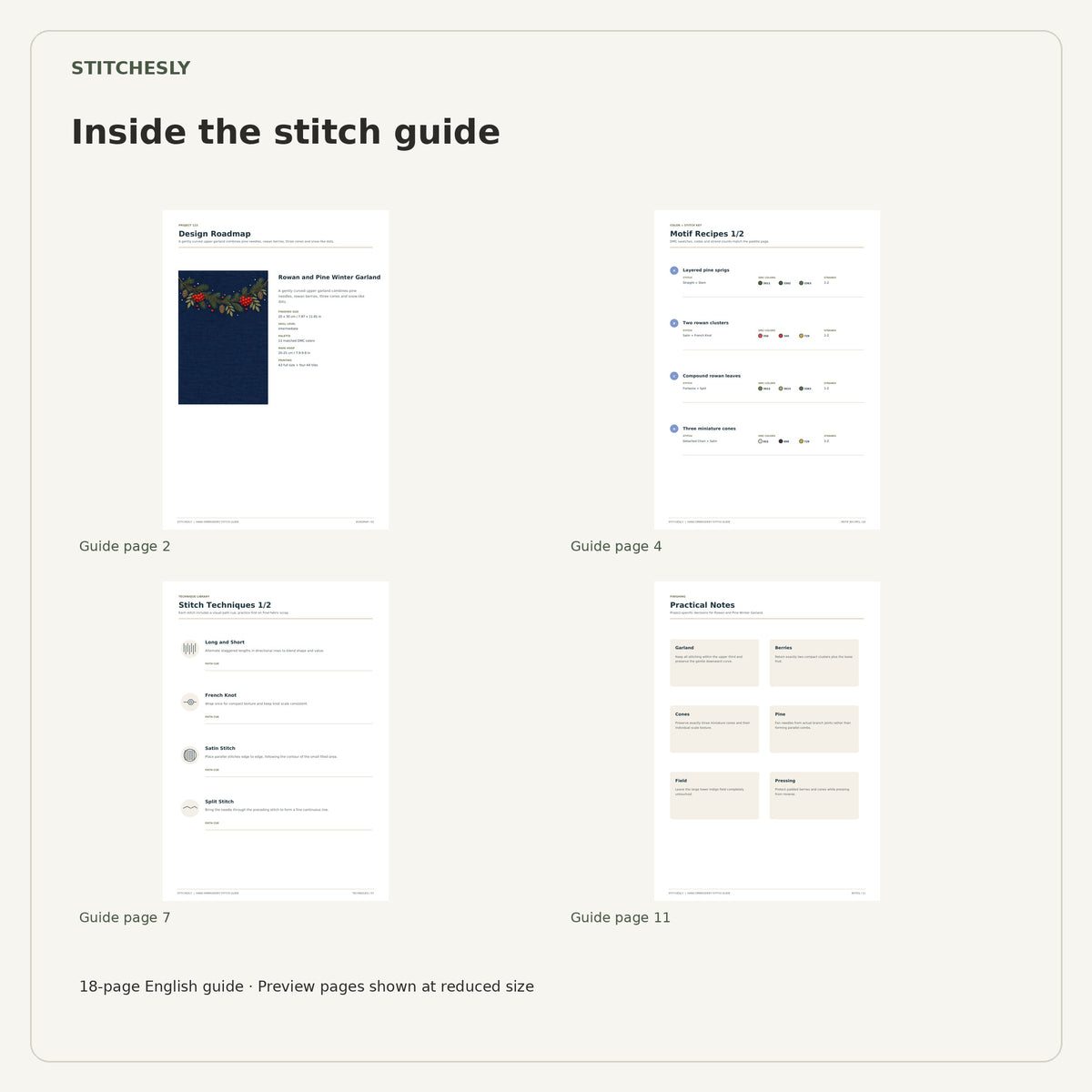 Four reduced-size preview pages from the 18-page Rowan and Pine Winter Garland stitch guide.