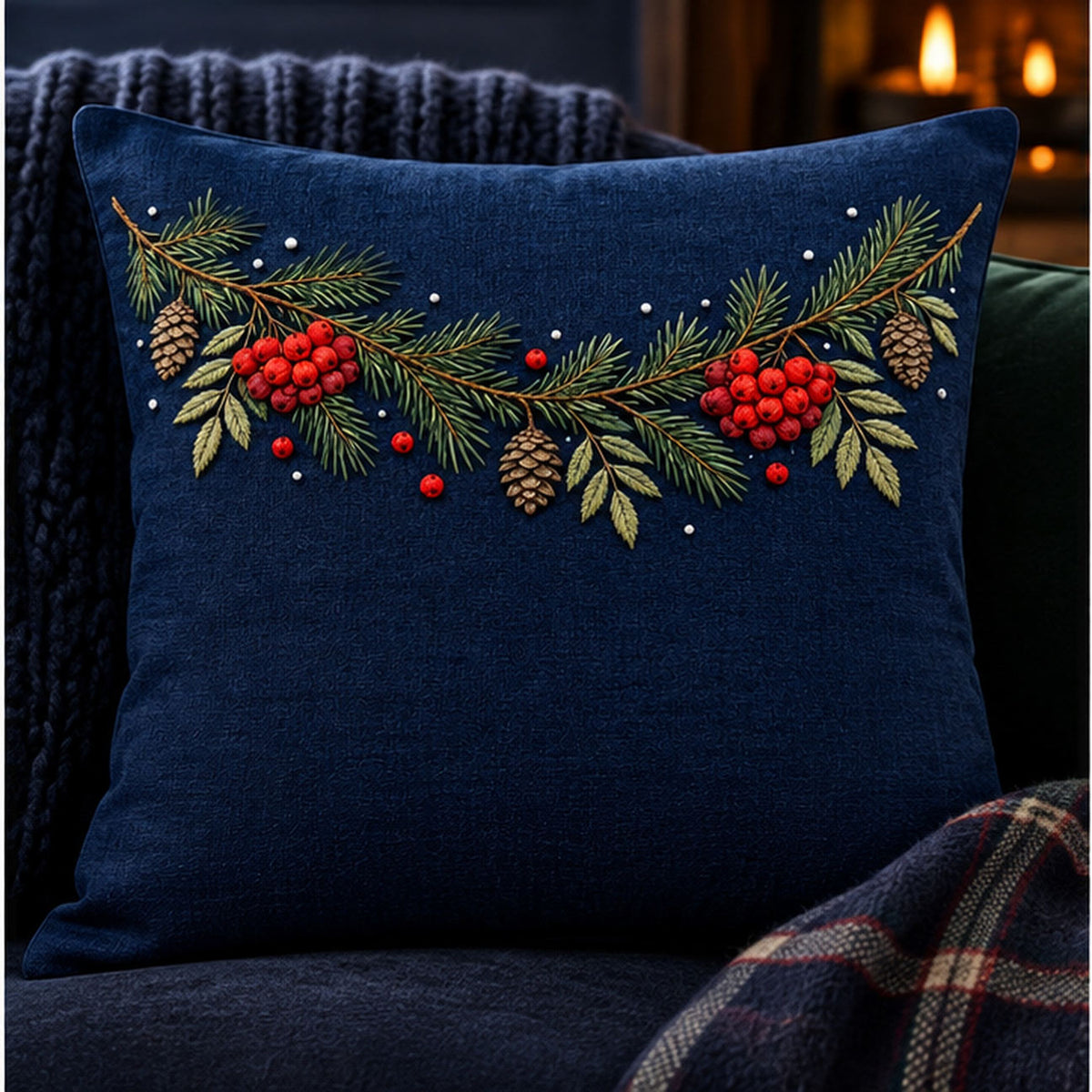 Navy linen cushion mockup featuring the Rowan and Pine Winter Garland hand embroidery design. Pine needles, rowan berries and cones follow a shallow upper curve with sparse snow-like dots nearby.