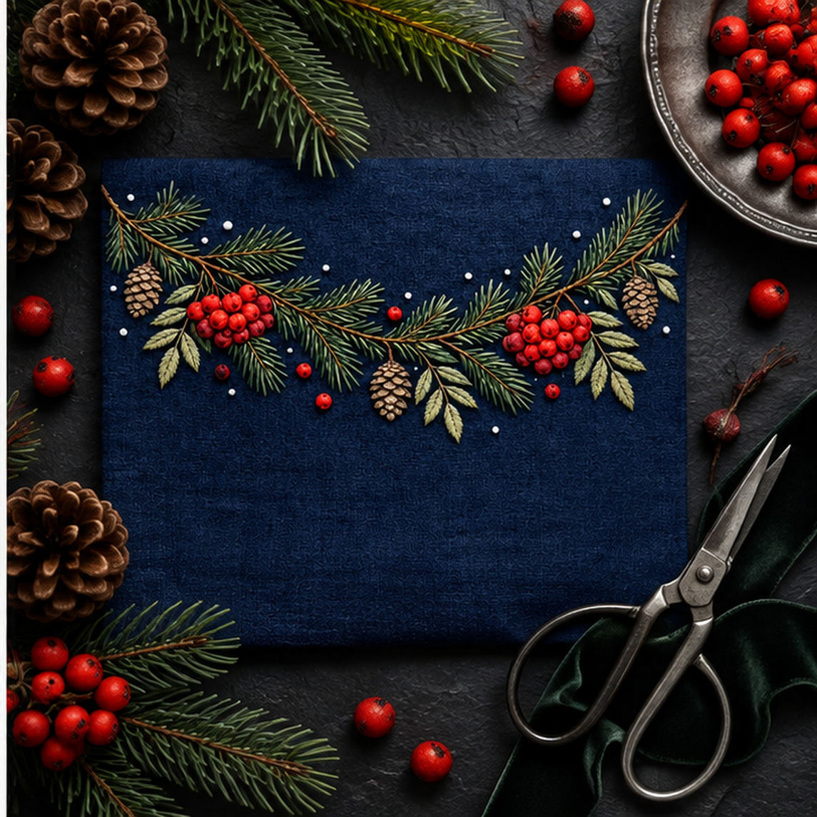 Navy textile flat lay mockup featuring the Rowan and Pine Winter Garland hand embroidery design. Pine needles, rowan berries and cones follow a shallow upper curve with sparse snow-like dots nearby.