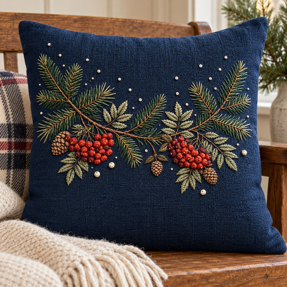 Navy linen cushion mockup featuring the Rowan and Pine Winter Garland hand embroidery design. Pine needles, rowan berries and cones follow a shallow upper curve with sparse snow-like dots nearby.