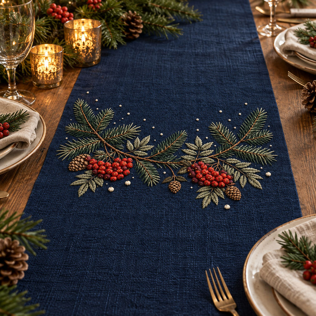 Navy linen tote bag mockup featuring the Rowan and Pine Winter Garland hand embroidery design. Pine needles, rowan berries and cones follow a shallow upper curve with sparse snow-like dots nearby.