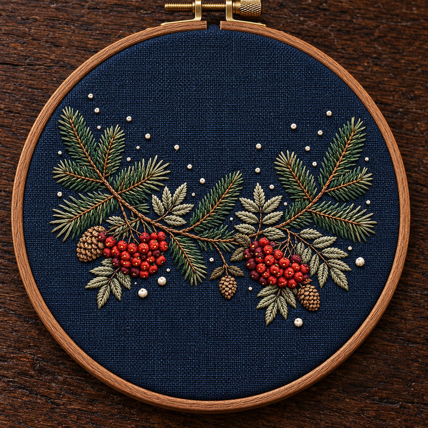 Embroidery hoop mockup featuring the Rowan and Pine Winter Garland hand embroidery design. Pine needles, rowan berries and cones follow a shallow upper curve with sparse snow-like dots nearby.