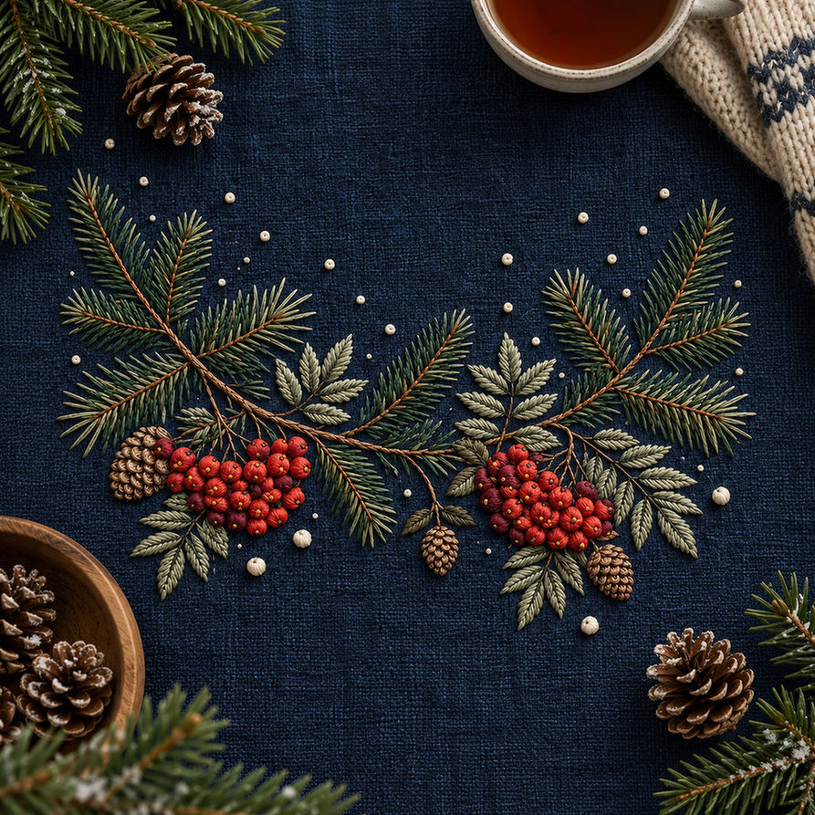 Close view of the winter garland mockup featuring the Rowan and Pine Winter Garland hand embroidery design. Pine needles, rowan berries and cones follow a shallow upper curve with sparse snow-like dots nearby.