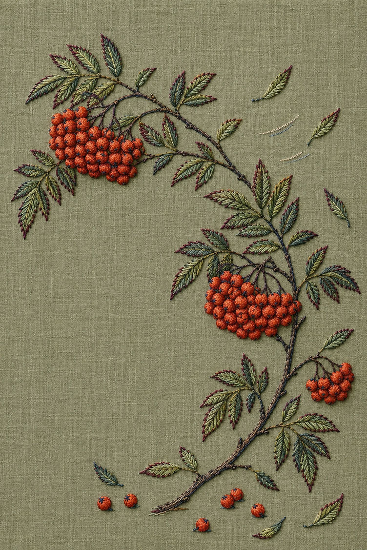 Illustrative embroidery design: Coral rowan berries follow a broken diagonal branch on moss-coloured linen.