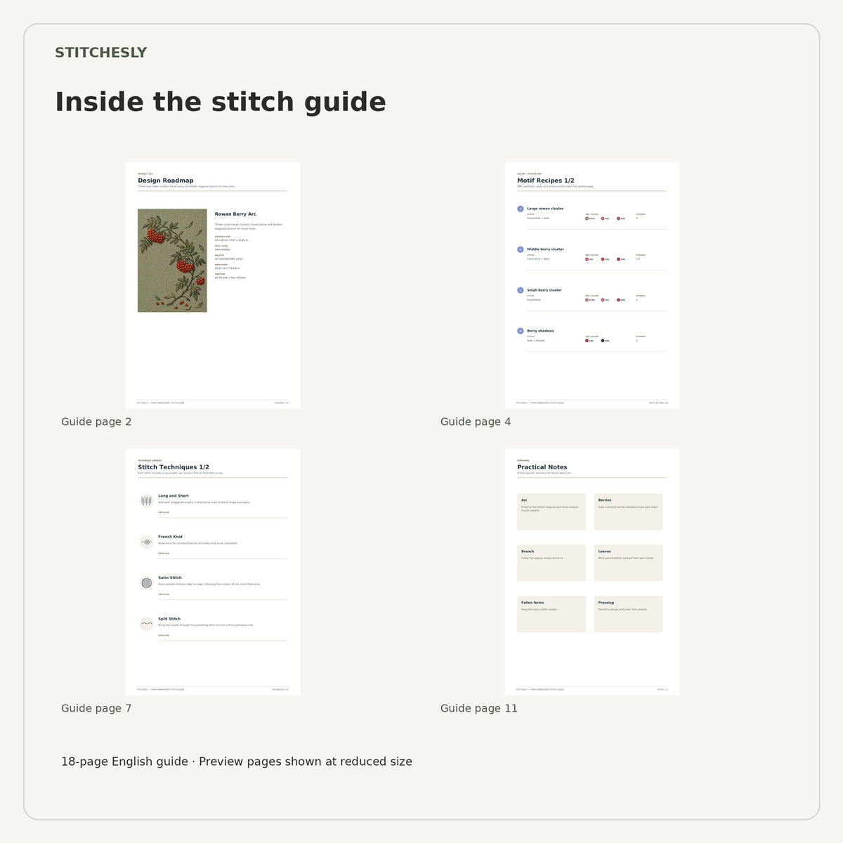 Four reduced-size preview pages from the 18-page Rowan Berry Arc stitch guide.