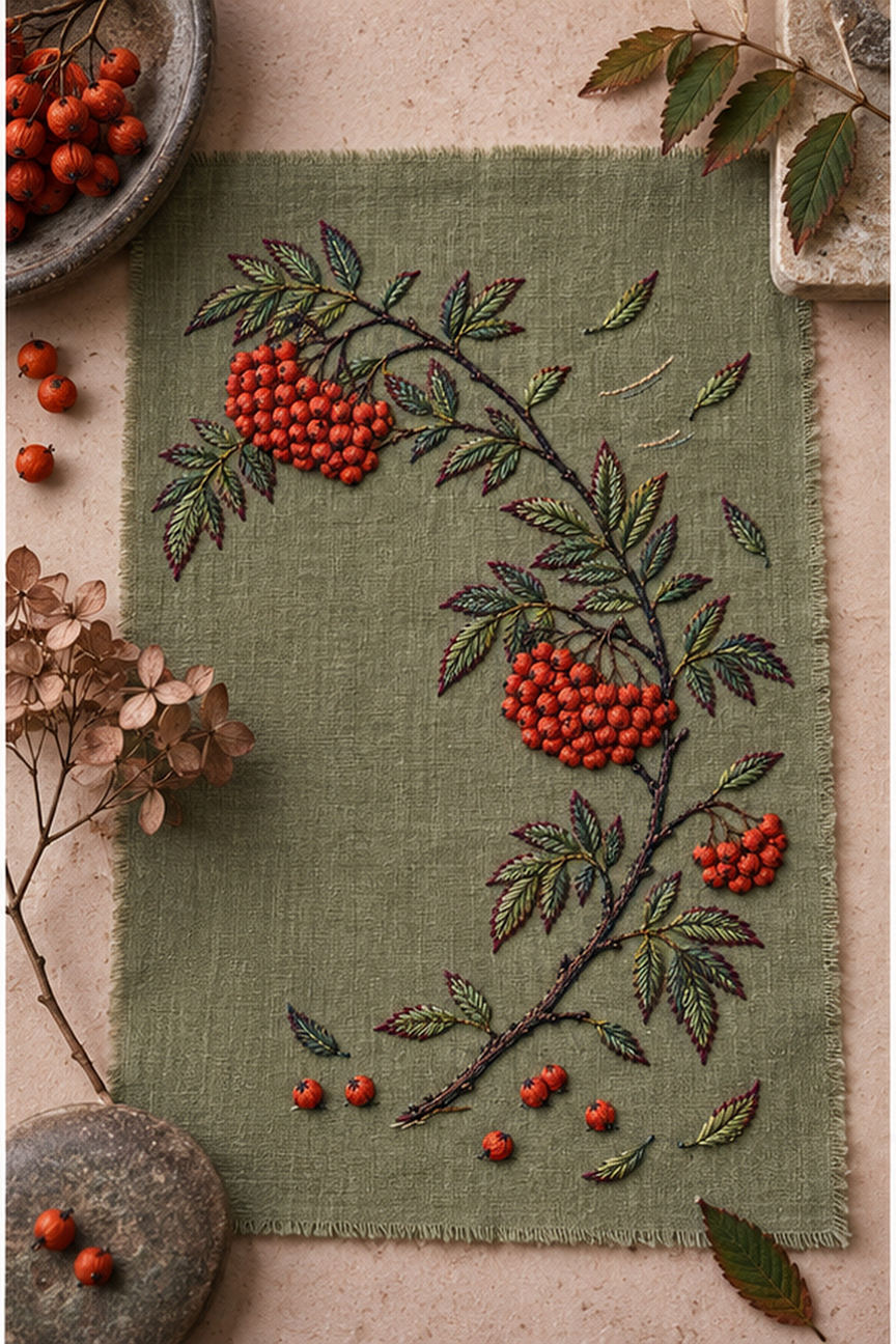Botanical textile flat lay mockup featuring the Rowan Berry Arc hand embroidery design. Coral rowan berries follow a broken diagonal branch on moss-coloured linen.