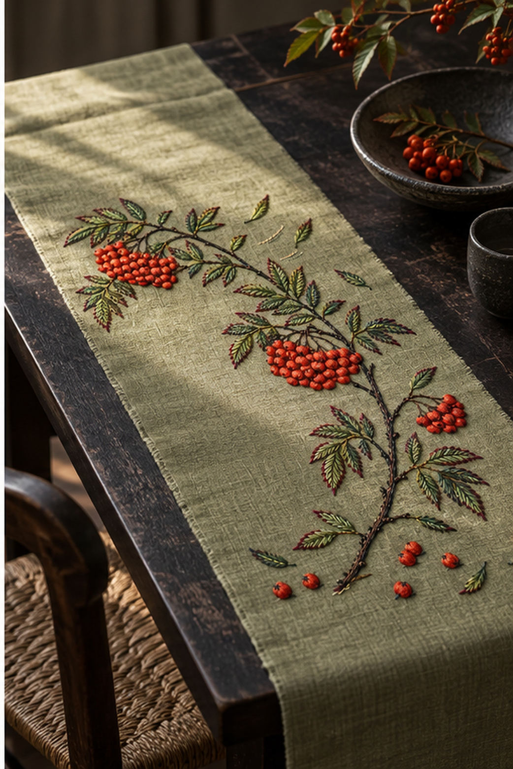 Green linen table runner mockup featuring the Rowan Berry Arc hand embroidery design. Coral rowan berries follow a broken diagonal branch on moss-coloured linen.