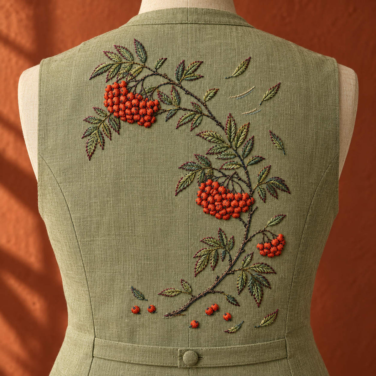 Green linen garment mockup featuring the Rowan Berry Arc hand embroidery design. Coral rowan berries follow a broken diagonal branch on moss-coloured linen.