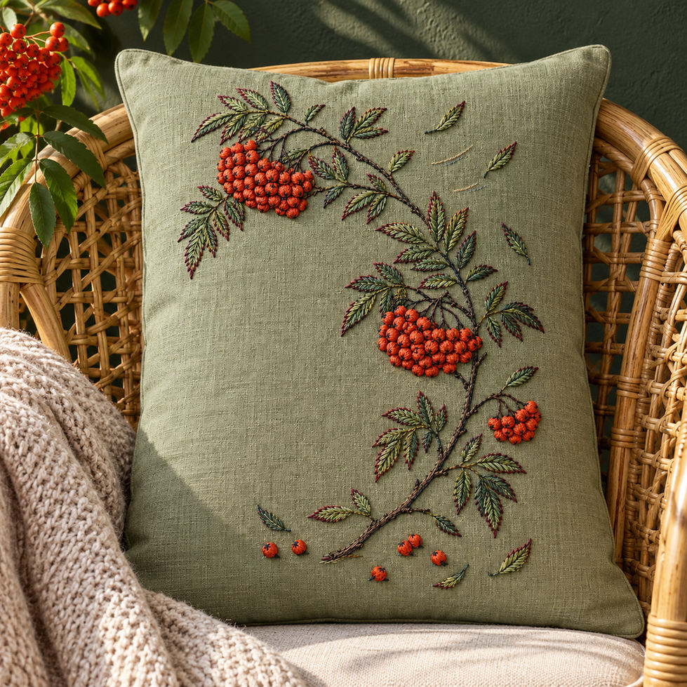 Green linen drawstring bag mockup featuring the Rowan Berry Arc hand embroidery design. Coral rowan berries follow a broken diagonal branch on moss-coloured linen.