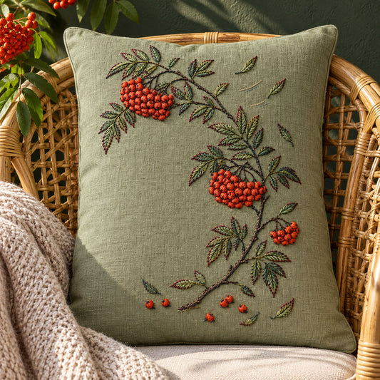 Green linen drawstring bag mockup featuring the Rowan Berry Arc hand embroidery design. Coral rowan berries follow a broken diagonal branch on moss-coloured linen.