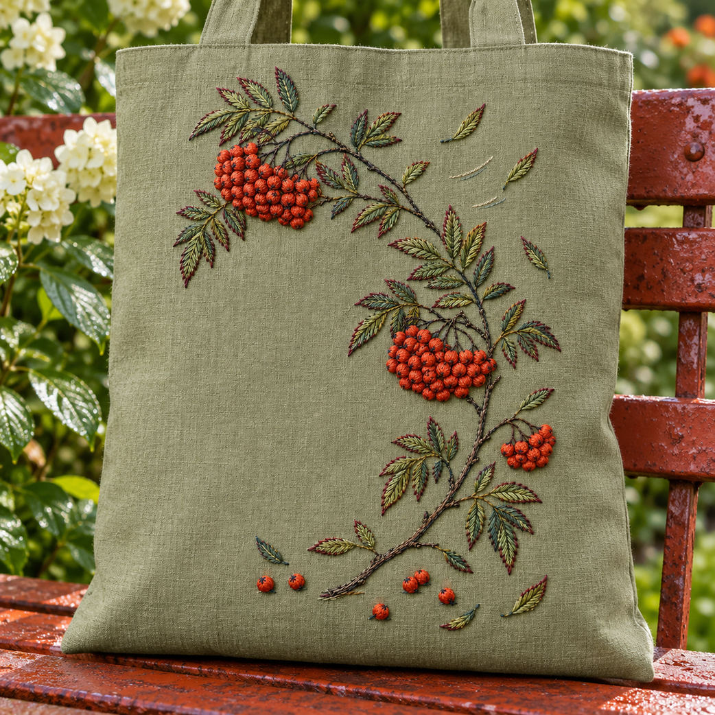 Green linen cushion mockup featuring the Rowan Berry Arc hand embroidery design. Coral rowan berries follow a broken diagonal branch on moss-coloured linen.