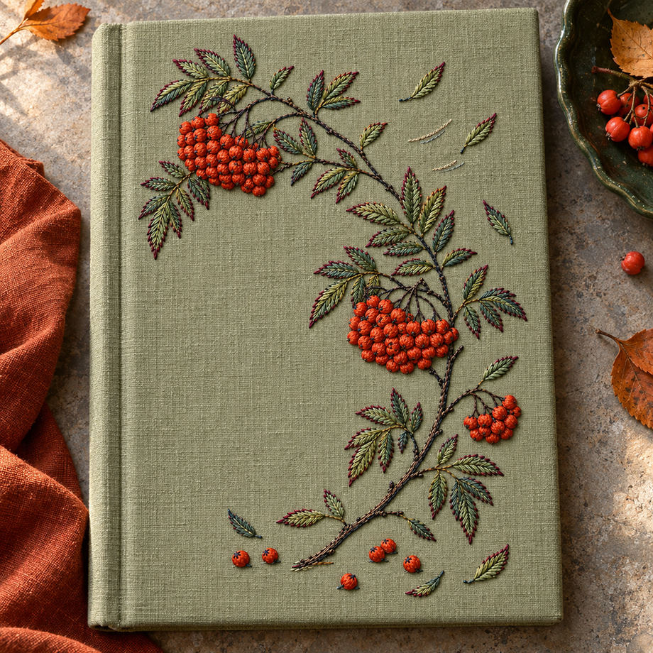Green linen notebook cover mockup featuring the Rowan Berry Arc hand embroidery design. Coral rowan berries follow a broken diagonal branch on moss-coloured linen.