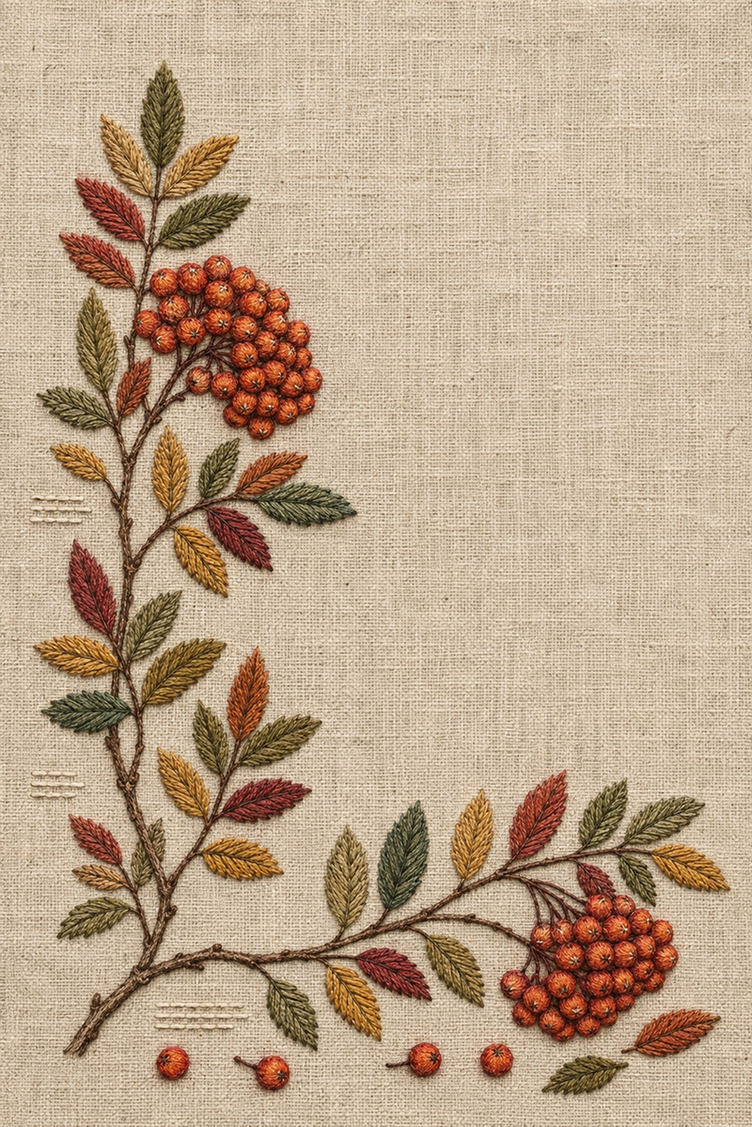 Illustrative embroidery design: Rowan branches turn a lower-left corner with berry groups and loose fruit.