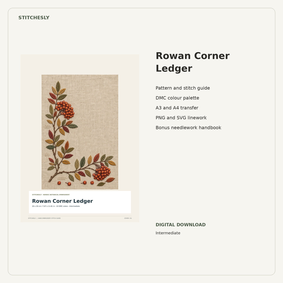 Rowan Corner Ledger PDF stitch guide cover, pattern files and bonus needlework handbook.
