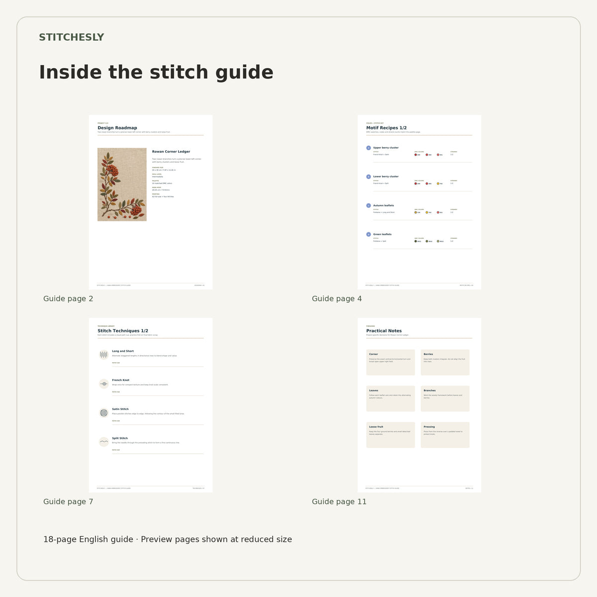 Four reduced-size preview pages from the 18-page Rowan Corner Ledger stitch guide.