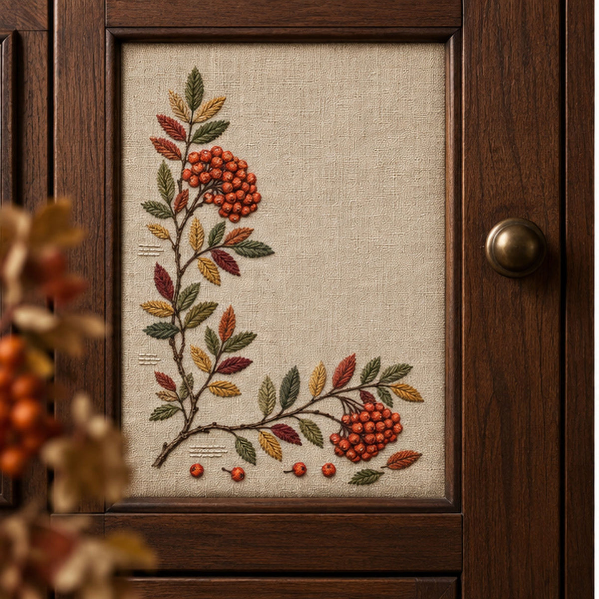 Framed linen panel mockup featuring the Rowan Corner Ledger hand embroidery design. Rowan branches turn a lower-left corner with berry groups and loose fruit.